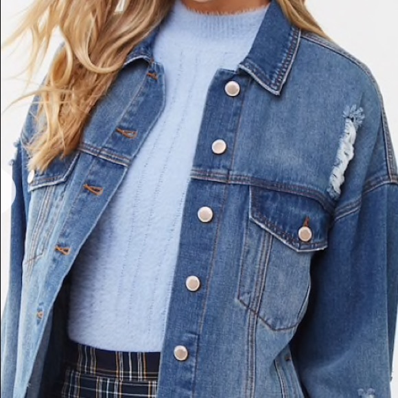 Forever 21 Long Line Distressed Denim Jacket Size S NWT - Picture 3 of 9